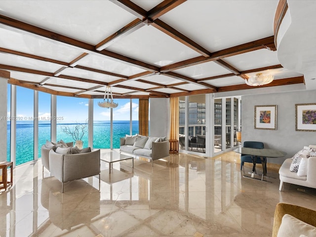 sunroom / solarium with coffered ceiling and a notable chandelier