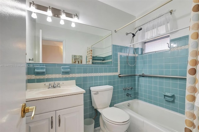 full bathroom featuring tile walls, shower / tub combo, vanity, and toilet