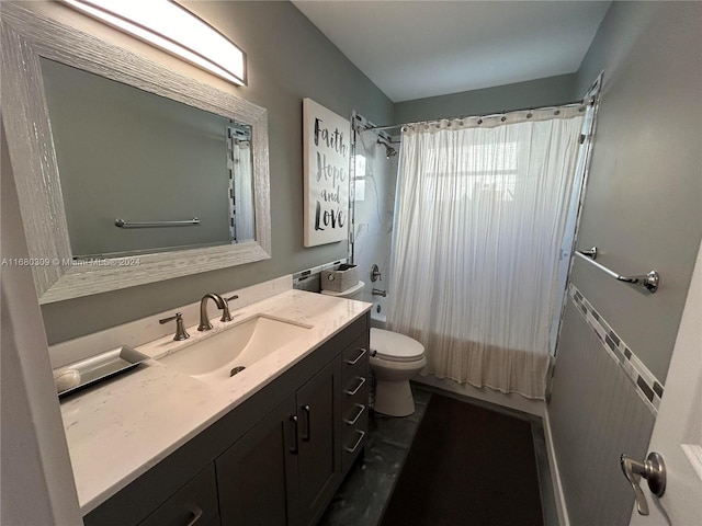 full bathroom with vanity, toilet, and shower / bathtub combination with curtain