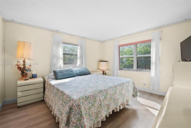 bedroom featuring light hardwood / wood-style flooring, multiple windows, and a textured ceiling