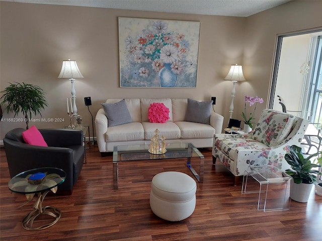 living room featuring dark hardwood / wood-style floors and a textured ceiling