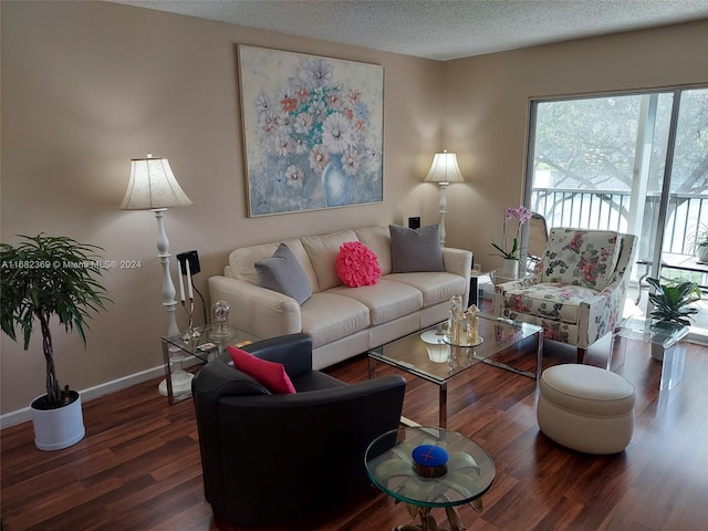 living room with a textured ceiling and dark hardwood / wood-style floors