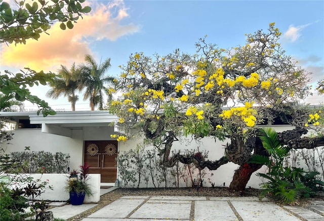 property entrance with stucco siding