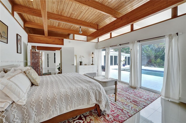 bedroom featuring light tile patterned floors, access to outside, beamed ceiling, and wood ceiling