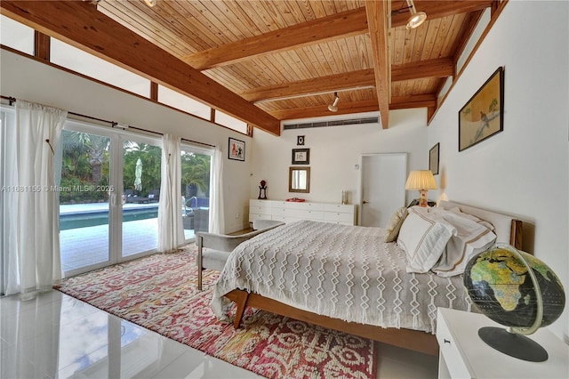 bedroom with french doors, beam ceiling, light tile patterned floors, access to outside, and wooden ceiling