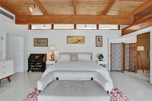 bedroom featuring wood ceiling, visible vents, and beamed ceiling