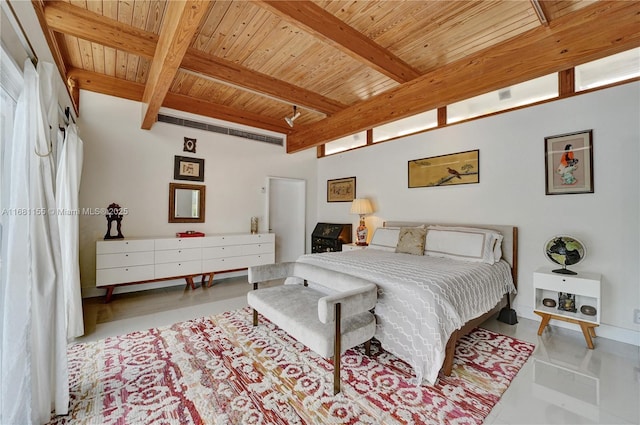 bedroom with wooden ceiling, beam ceiling, and tile patterned floors