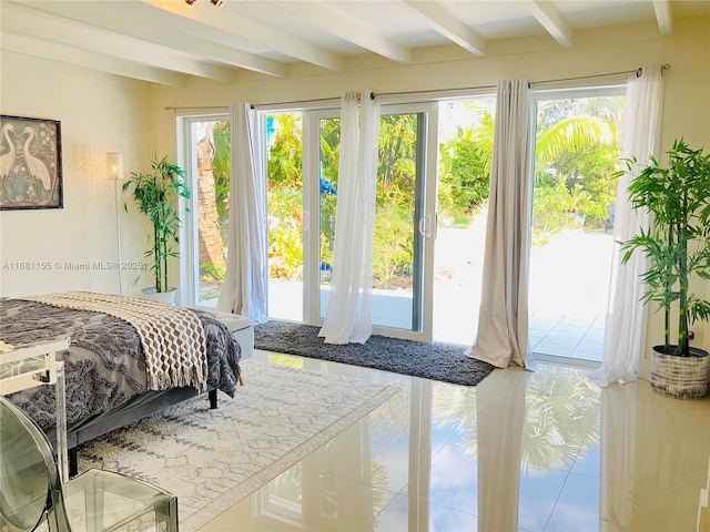 tiled bedroom featuring access to outside and beam ceiling