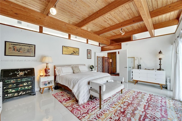 bedroom featuring wooden ceiling, beamed ceiling, and light tile patterned floors