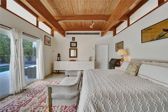 bedroom with visible vents, beamed ceiling, wood ceiling, and access to exterior