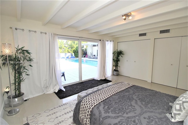 bedroom with access to outside, visible vents, beamed ceiling, and tile patterned floors