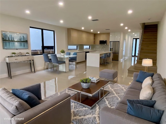 tiled living room with sink