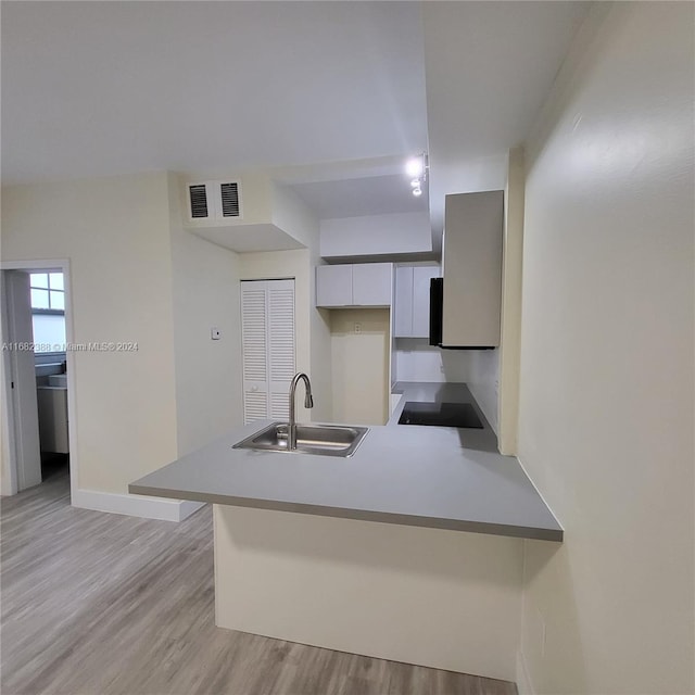 kitchen featuring black electric stovetop, sink, light wood-type flooring, kitchen peninsula, and white cabinetry