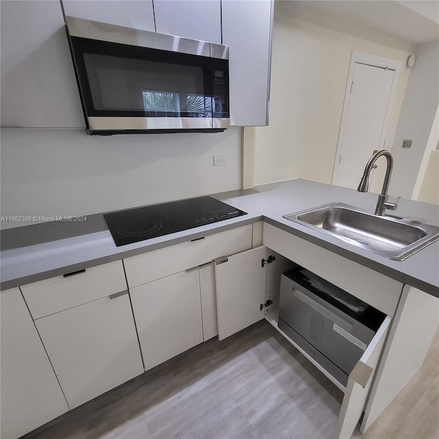 kitchen featuring black electric stovetop, sink, light wood-type flooring, and white cabinets