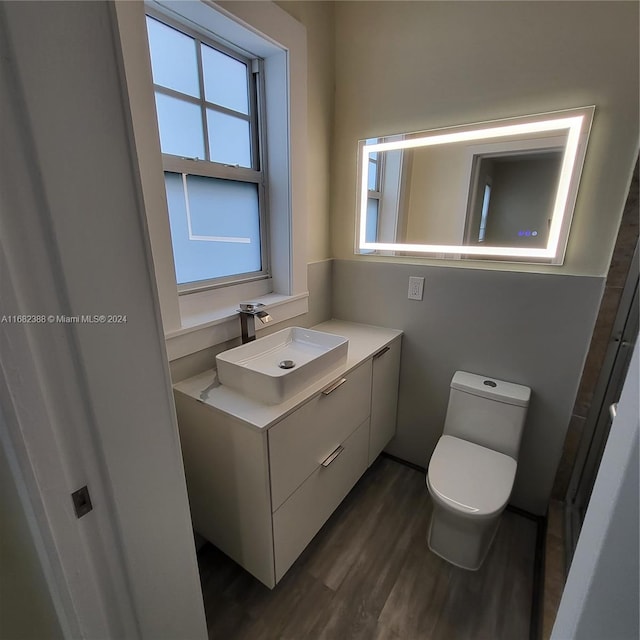 bathroom featuring vanity, toilet, and hardwood / wood-style flooring