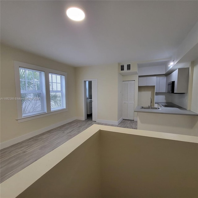 unfurnished living room featuring sink and light wood-type flooring