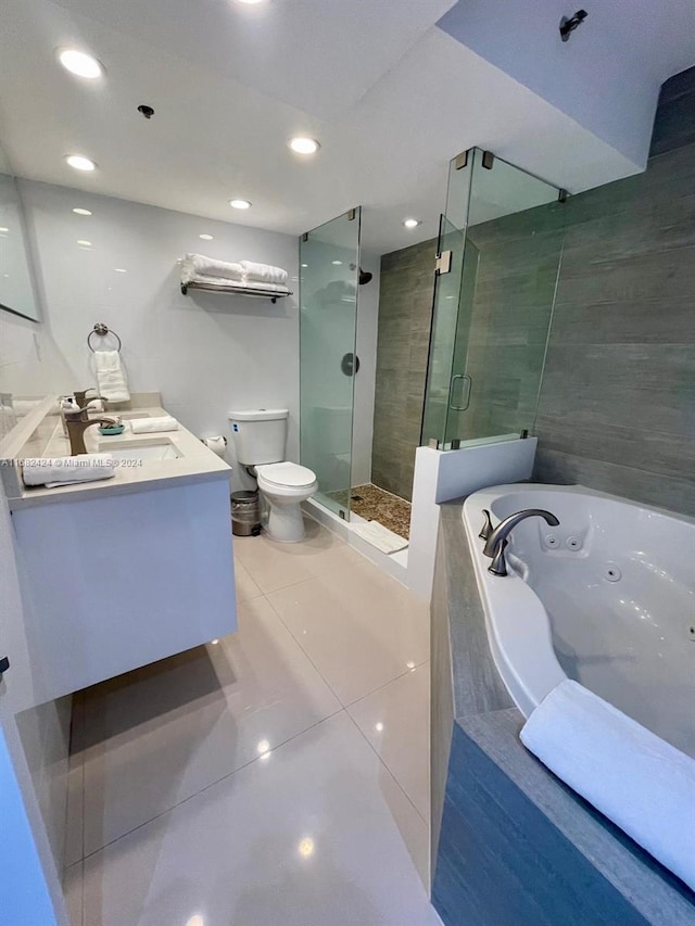 full bathroom with vanity, plus walk in shower, toilet, and tile patterned flooring