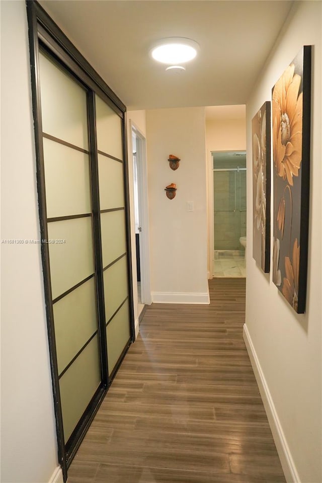 corridor featuring dark wood-type flooring