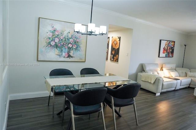 dining room featuring ornamental molding, a notable chandelier, and dark hardwood / wood-style flooring