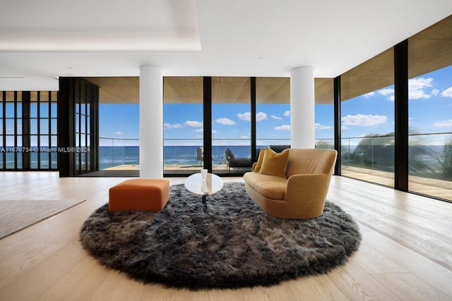 living room with floor to ceiling windows, plenty of natural light, and a water view