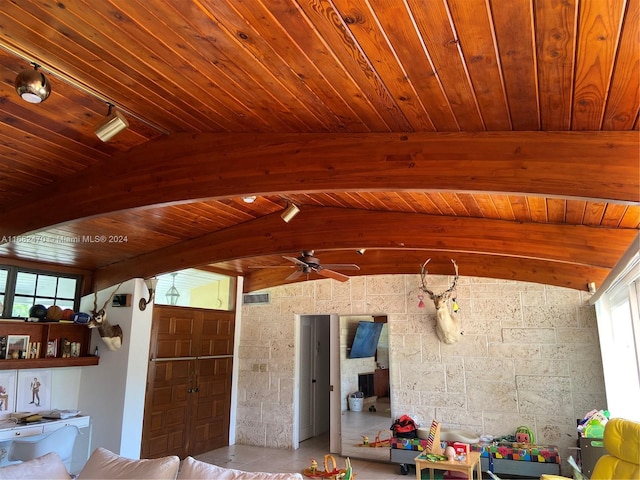 interior space featuring lofted ceiling with beams, wooden ceiling, and ceiling fan