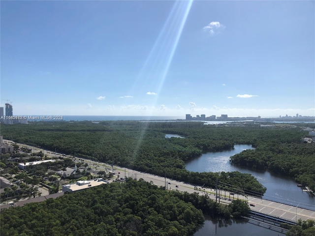 aerial view featuring a water view