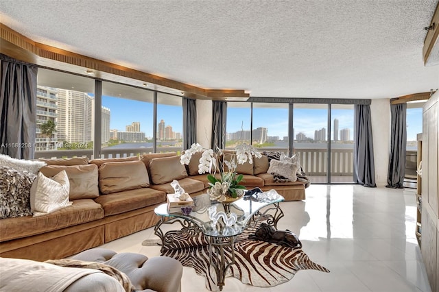 living room with expansive windows and a textured ceiling