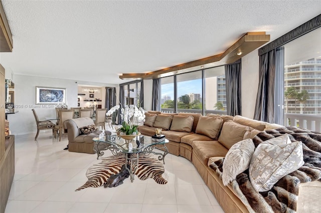 tiled living room with a textured ceiling