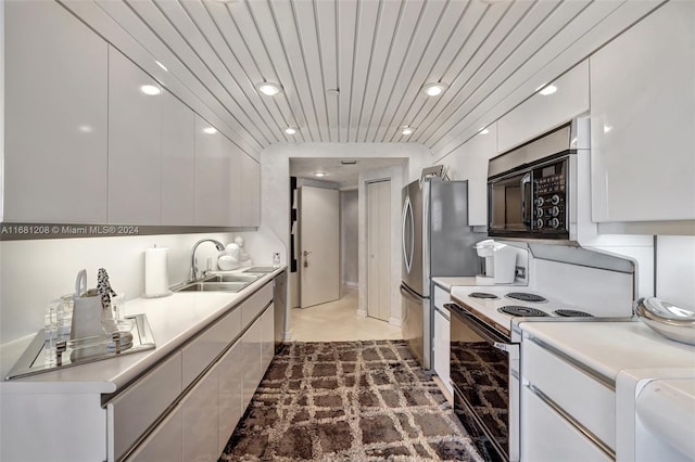 kitchen with sink, white range with electric stovetop, white cabinetry, and wood ceiling