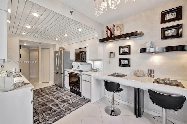 kitchen with wood ceiling, white cabinetry, white electric range oven, a kitchen bar, and stainless steel refrigerator