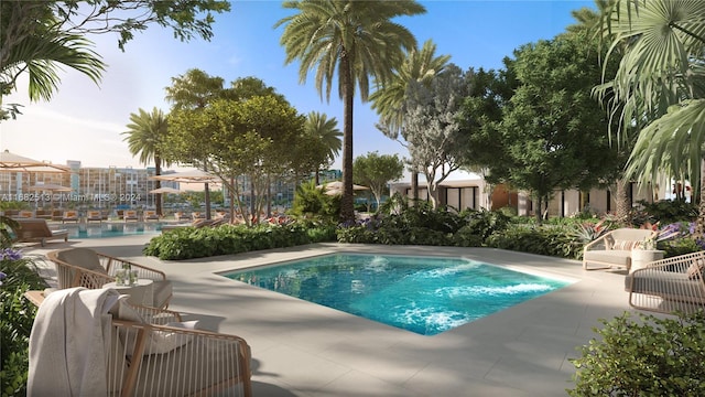 view of swimming pool featuring a patio area