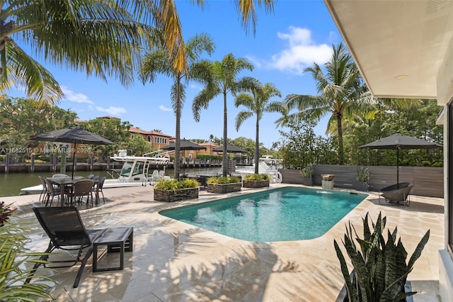 view of pool featuring a patio area and a water view