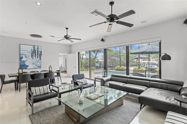 living room with ceiling fan