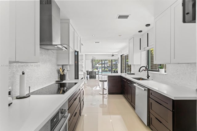 kitchen with sink, wall chimney exhaust hood, ceiling fan, appliances with stainless steel finishes, and dark brown cabinetry