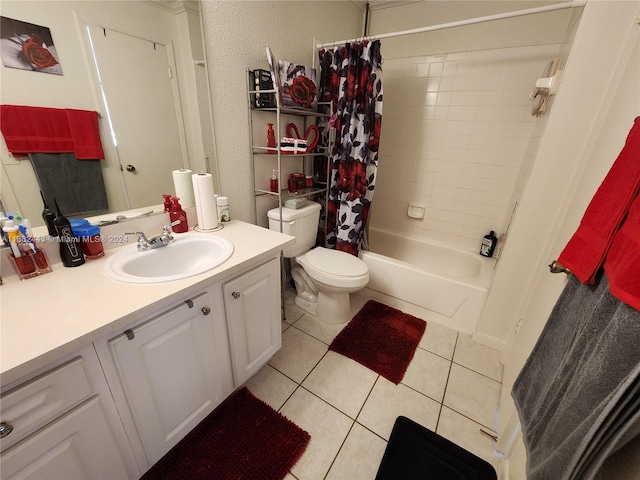 full bathroom with toilet, vanity, shower / bathtub combination with curtain, and tile patterned flooring