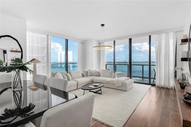 living area with a water view, floor to ceiling windows, and wood finished floors