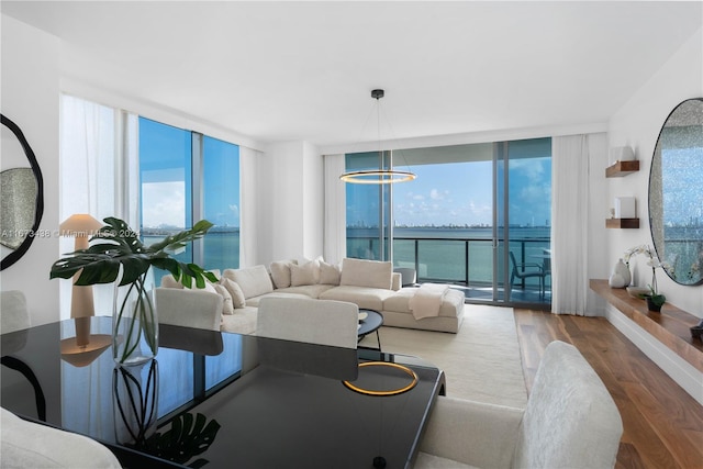 living room with expansive windows, a water view, hardwood / wood-style flooring, and plenty of natural light