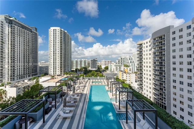 view of swimming pool featuring a city view