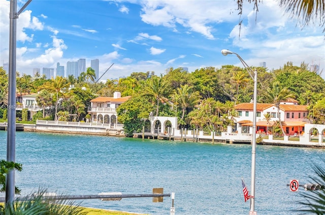 view of swimming pool featuring a dock and a water view