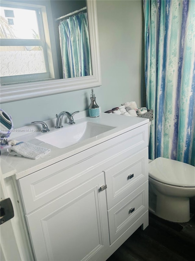 bathroom with vanity, wood-type flooring, and toilet