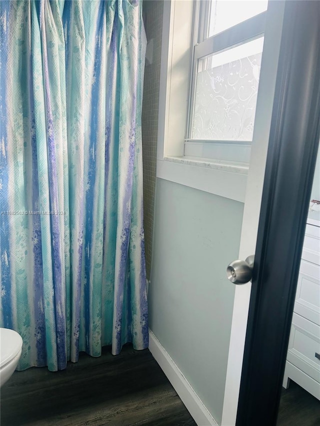 bathroom with toilet and wood-type flooring