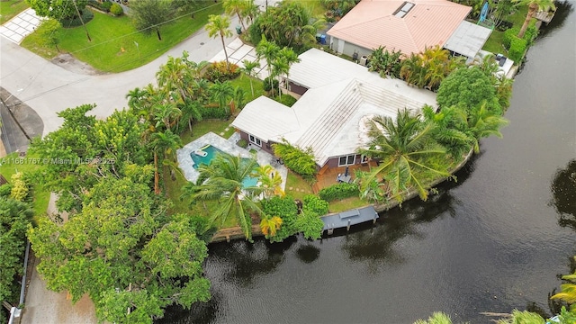 drone / aerial view featuring a water view