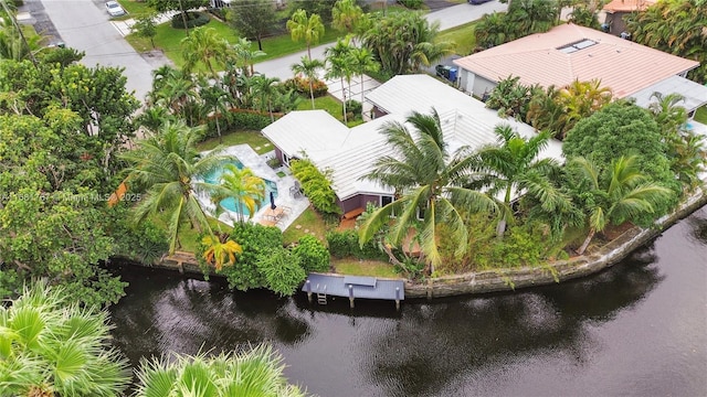 drone / aerial view featuring a water view