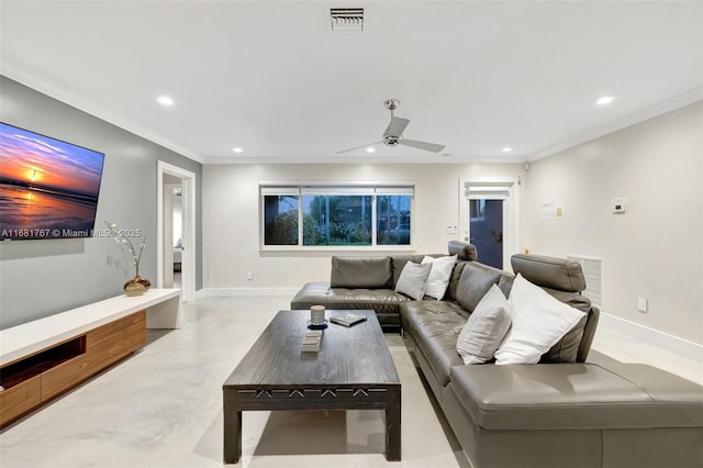 living room featuring baseboards, visible vents, concrete flooring, and recessed lighting