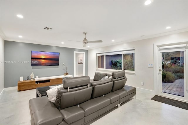 cinema featuring recessed lighting, visible vents, concrete floors, and baseboards