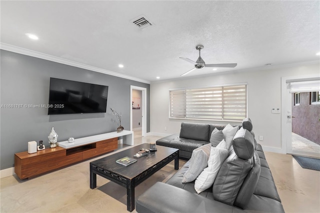 living area with ornamental molding, recessed lighting, ceiling fan, and baseboards