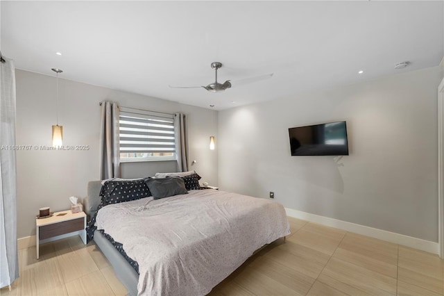 bedroom featuring baseboards, a ceiling fan, and recessed lighting