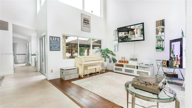 living room with hardwood / wood-style flooring and a towering ceiling