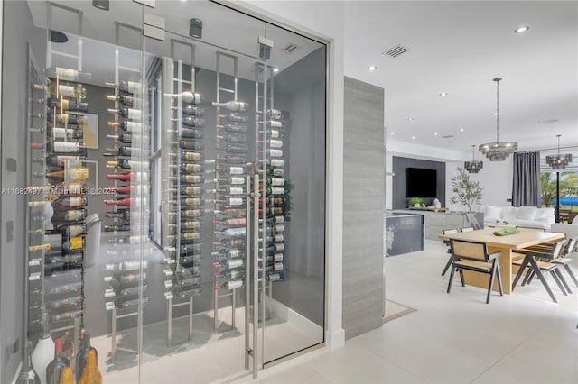 wine area with light tile patterned flooring, visible vents, and recessed lighting