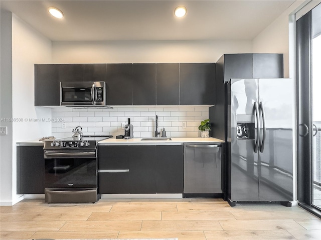 kitchen featuring backsplash, appliances with stainless steel finishes, sink, and light wood-type flooring